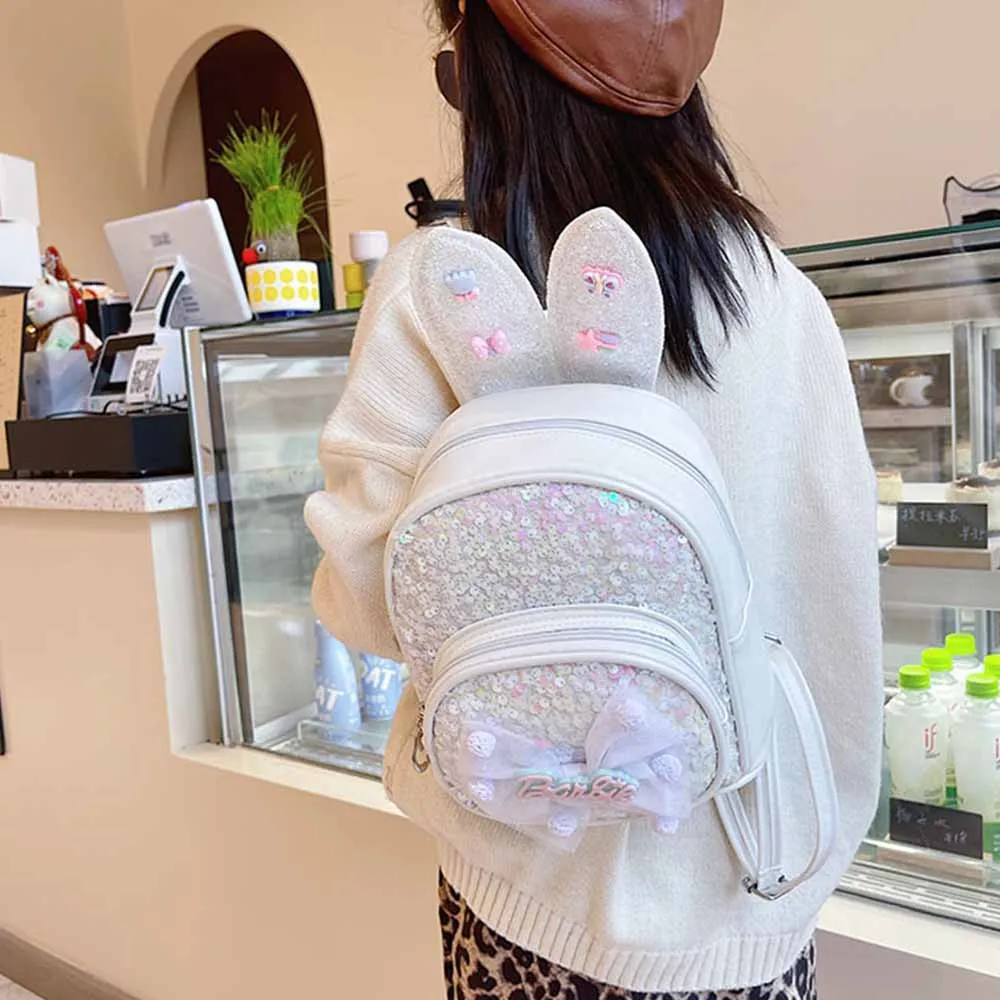 Embroidered Kindergarten Campus Backpack, Sequined Princess Cartoon Bag, Custom Cute Big Bow Long Ear Backpack,Outdoor Snack Bag