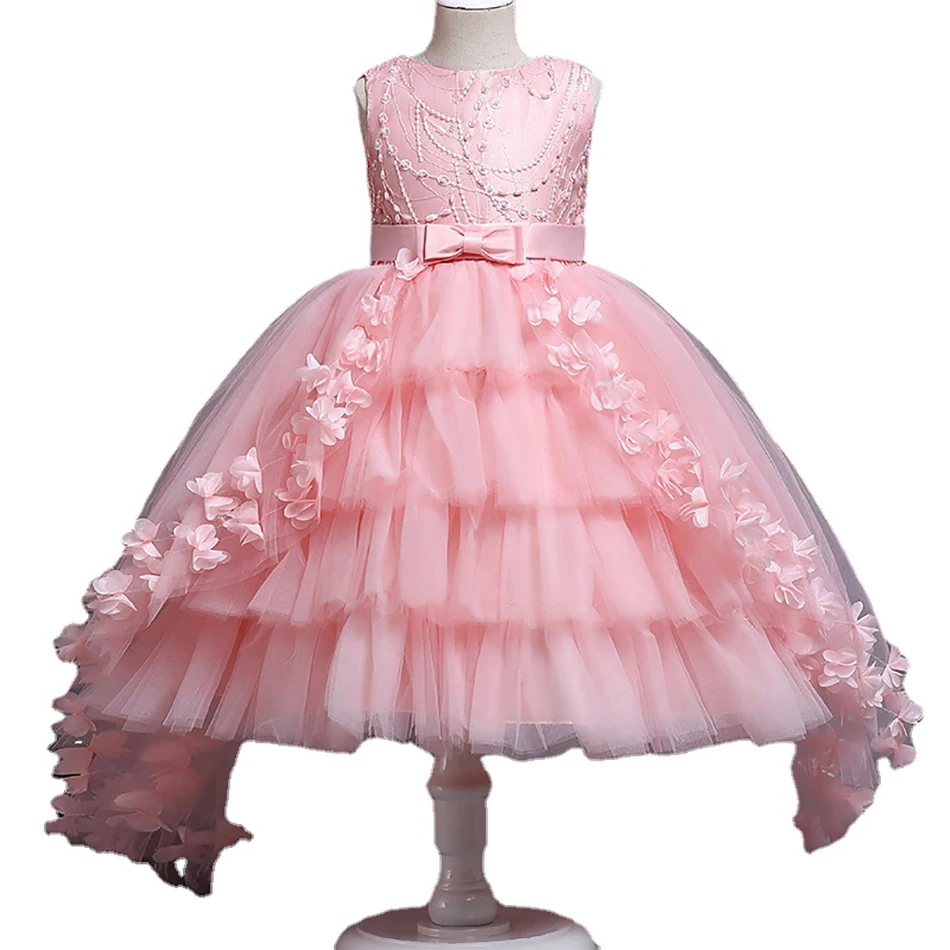 Baby Lace Pink Princess Tailing Dress For Girl Elegant Birthday Party with Flowers Dress Baby Girl\'s Christmas Clothes 3-12yrs