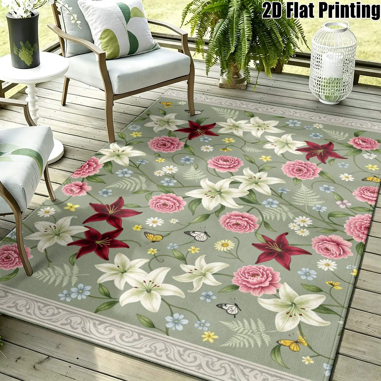 1Pc 2D Printed Green Floral Carpet, Multiple Styles & Sizes, Machine Washable, Ideal for Home Decor and Multi-Scene Use