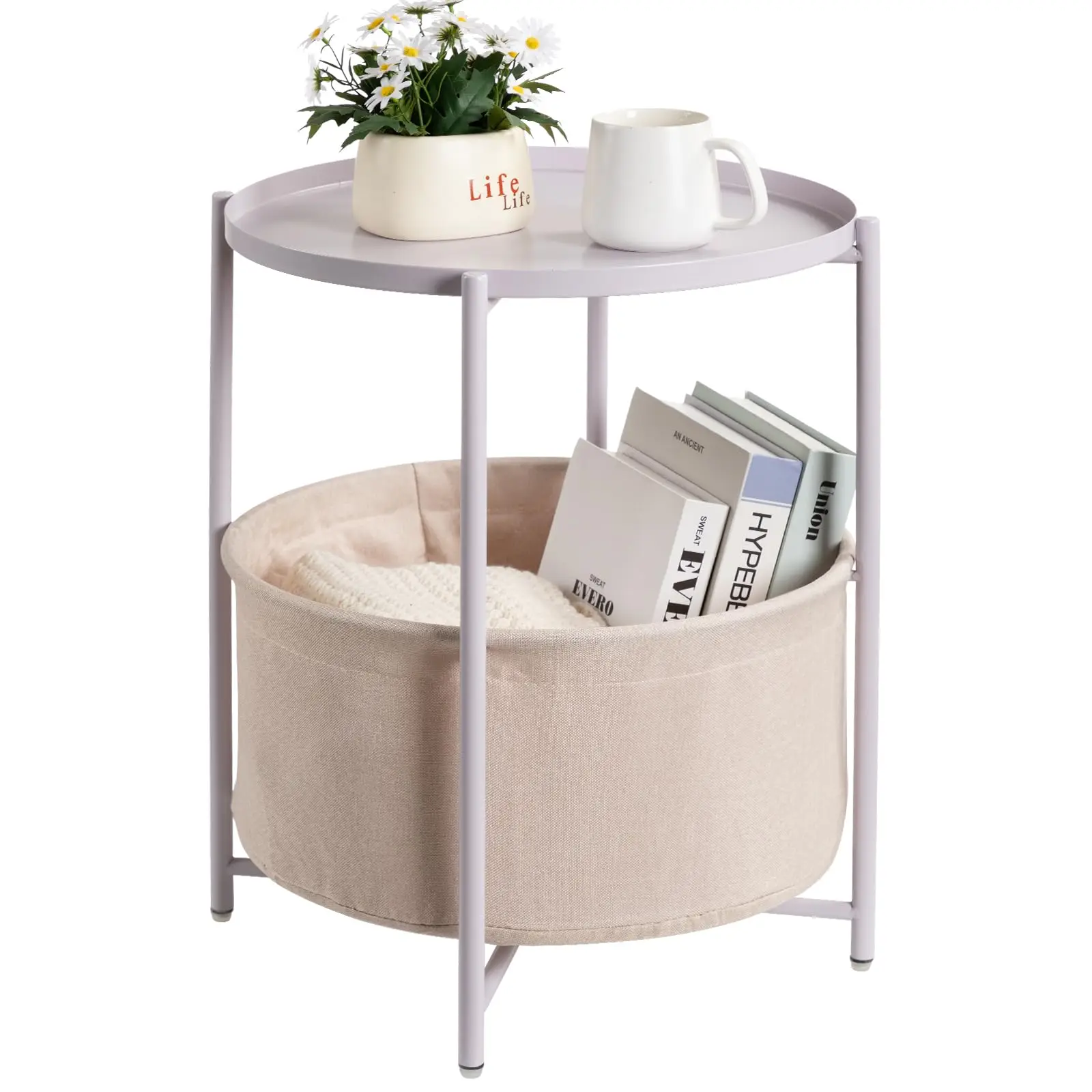 

Round Metal Side Table With Removable Tray And Linen Storage Basket For Bedroom Living Room