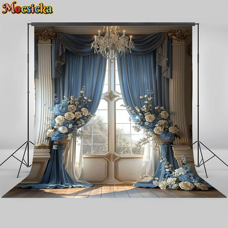 Винтажный интерьерный фон для фотосъемки с голубыми занавесками цветами для свадьбы дня рождения для беременных фотостудий