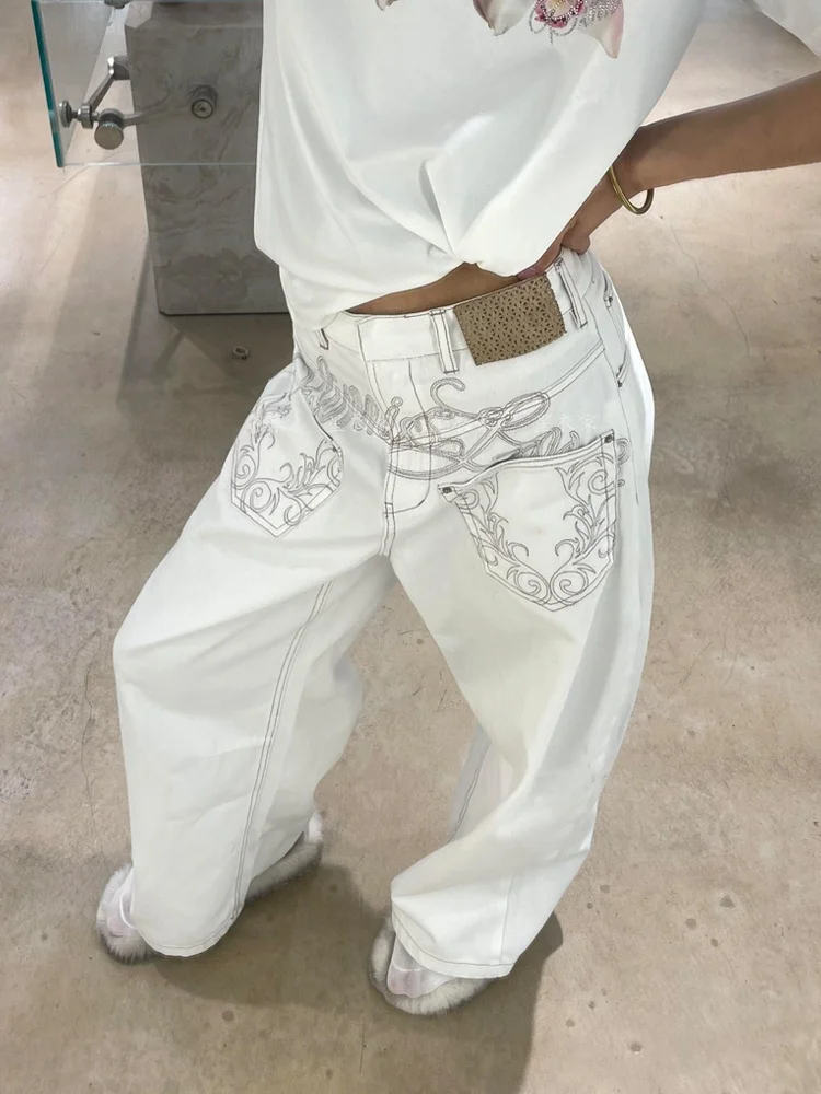 

Retro American Decosed ket Knife Jeans Women's Spicy Girl Embroidery Design Dragging Banana Pants High Waist Wide Leg