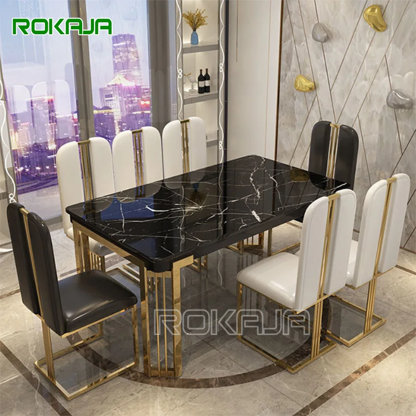 

Luxury Dinner Tables Black White Marble Top Gold Stainless Steel Leg Dining Table Set 6 8 Seater Chairs