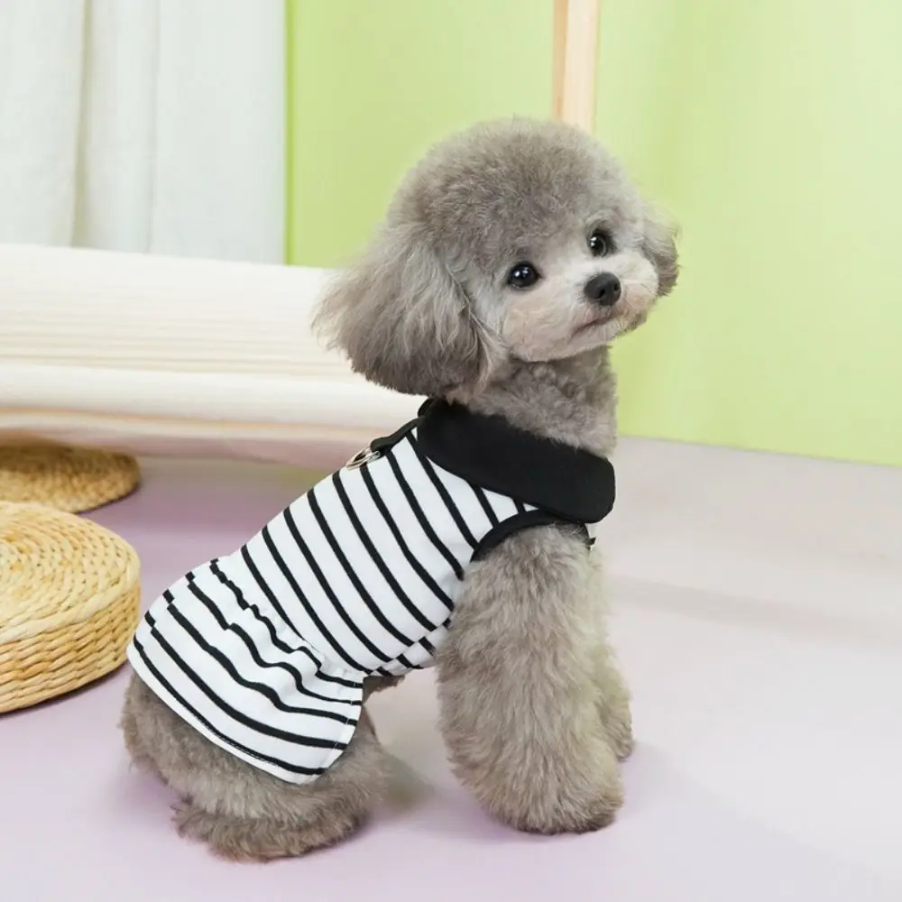 

Comfortable Cute Dog Striped T-shirts Soft Thin Design Cat Lapel Dresses Breathable Dog Vest Harness Spring Summer