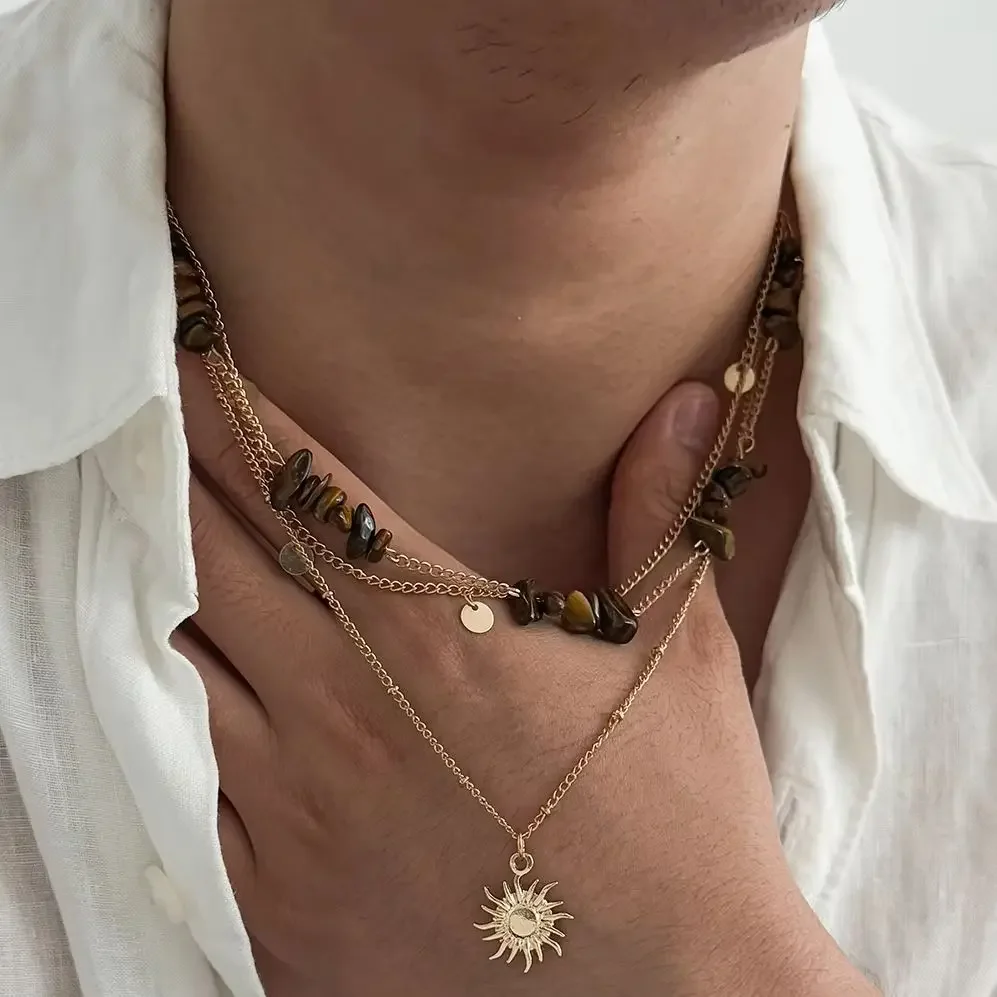 2027 New Fashion 3Pcs/Set Personality Metal Sun Flower Pendant Necklace for Men Trendy Turquoise Neck Chain Jewelry Accessories