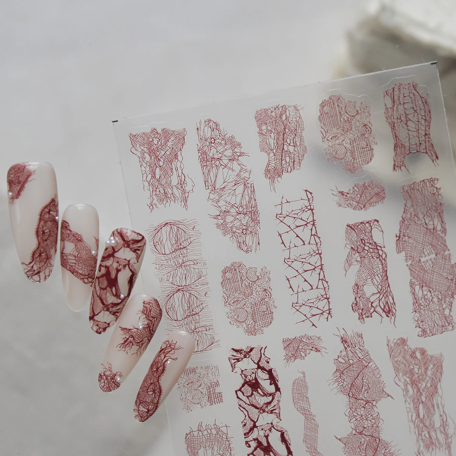 Vintage Burgundy Torn Gauze Linen Lace Fragments 5D Nail Stickers Irregular Hollow Grid French Style Self Adhesive Nail Decals