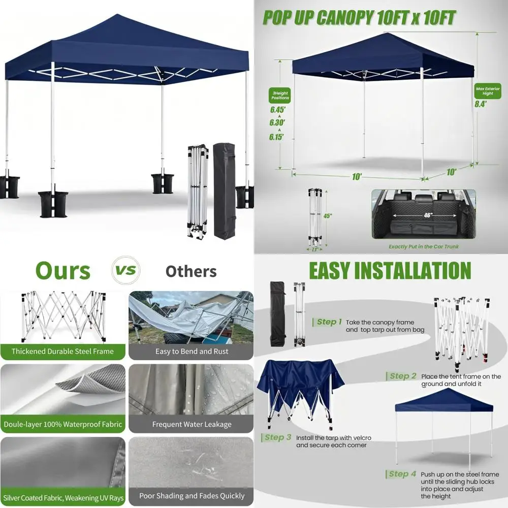 

Heavy Duty 10x10 Pop Up Canopy, Portable Beach Tent with Carrying Bag, Ideal for Outdoor Events, Camping, and Sun Shelter