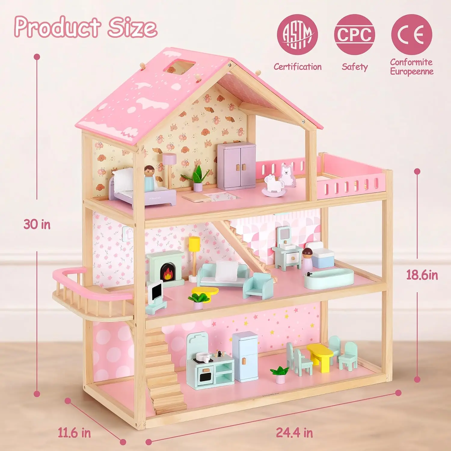 บ้านตุ๊กตาไม้พร้อมอุปกรณ์เฟอร์นิเจอร์บ้านตุ๊กตา 36 ชิ้น, บ้านตุ๊กตาโมเดิร์นขนาดใหญ่ 7 ห้อง, ของขวัญของเล่นในอุดมคติสําหรับเด็กผู้หญิง Todd