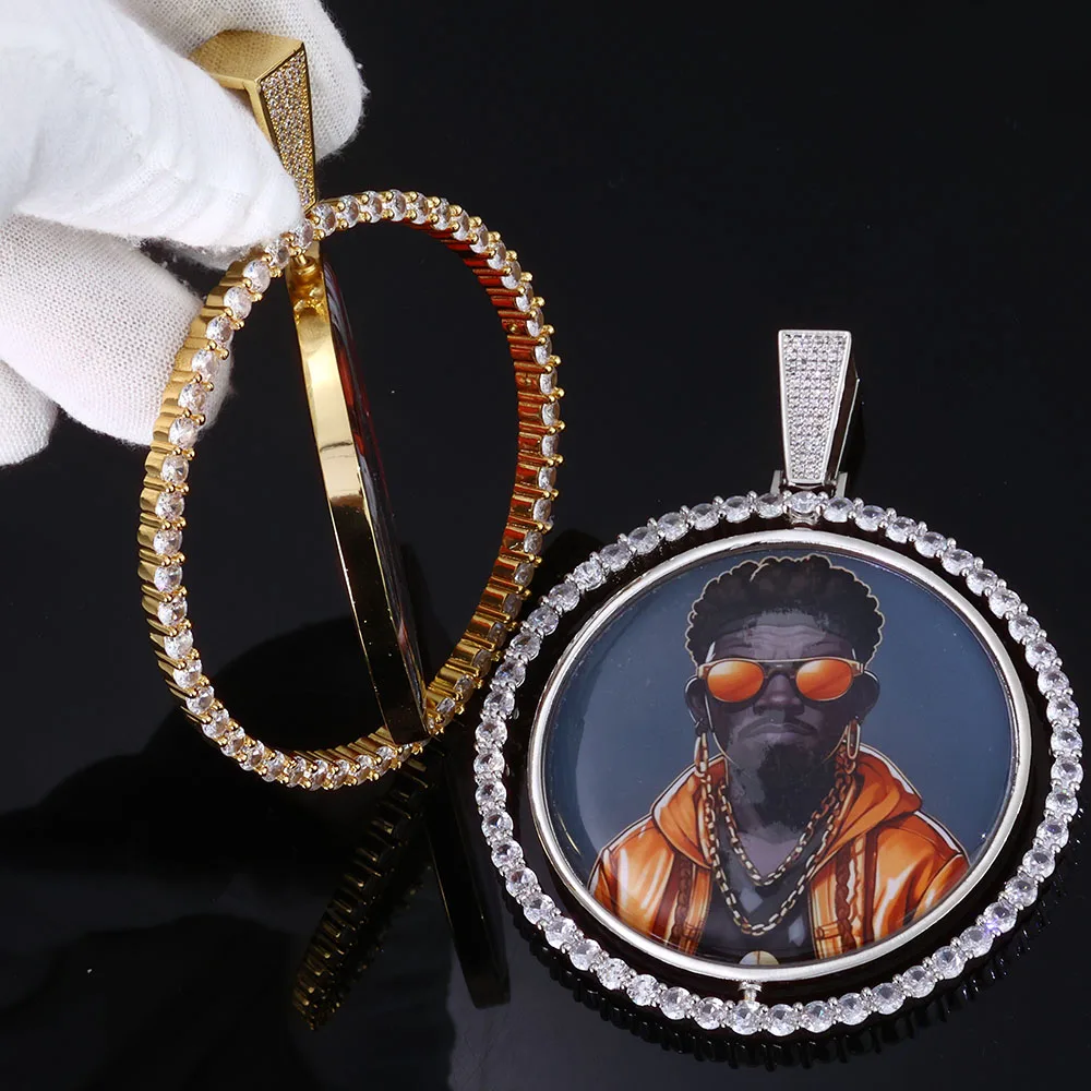 

HHIOK Custom Double Side Circle Photo Necklace Chain Personalized Cubic Zirconia Big Picture Pendant Hip Hop Jewelry Gift Men