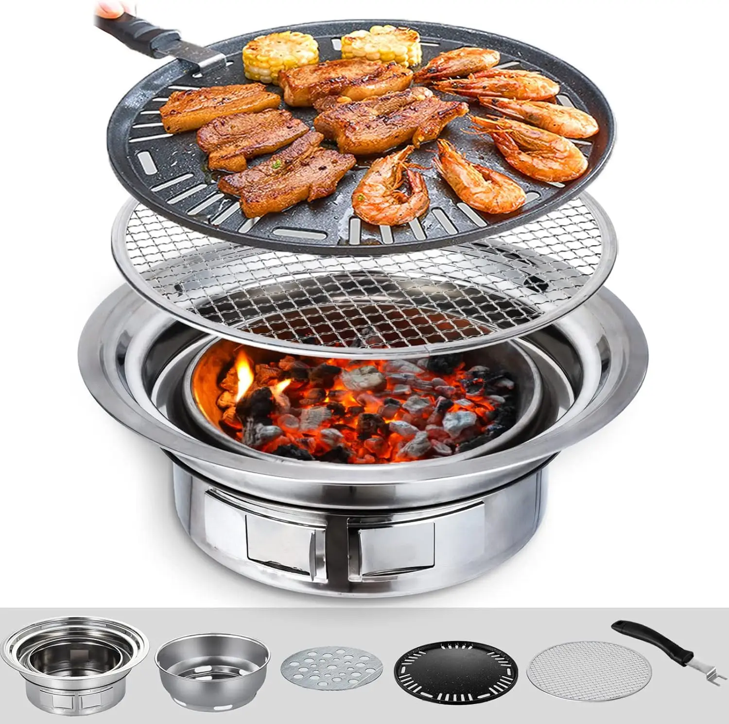 

Puraville Charcoal BBQ Grill, 13.7' Non-Stick Korean BBQ, Portable Stainless Steel Stove for Outdoor Camping, Home Party