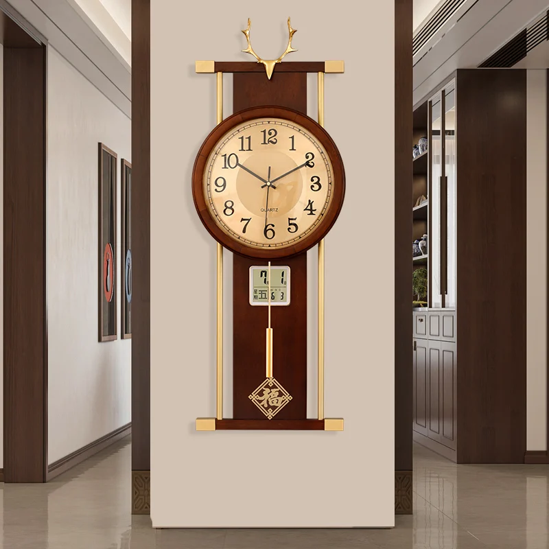 New Chinese light luxury wall clock, creative Chinese style deer head decoration, perpetual calendar clock, solid wood clock, wa