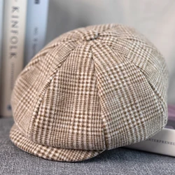 Vintage Plaid Gray Men Newsboy Hats Classic Painter Hat Western Caps Wool Berets Flat Brim Men Autumn Winter Street Cap B-454647