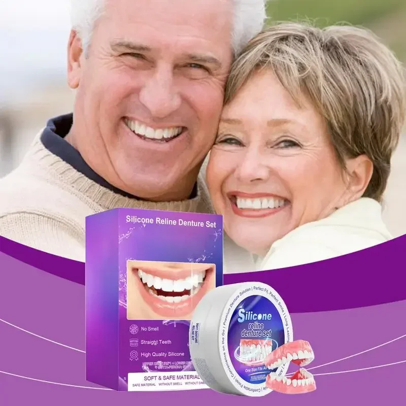 Juego de dentadura postiza de silicona compatible con dentaduras postizas de ortodoncia temporales, cuidado de higiene bucal, dentaduras postizas blanqueadoras, soportes de simulación