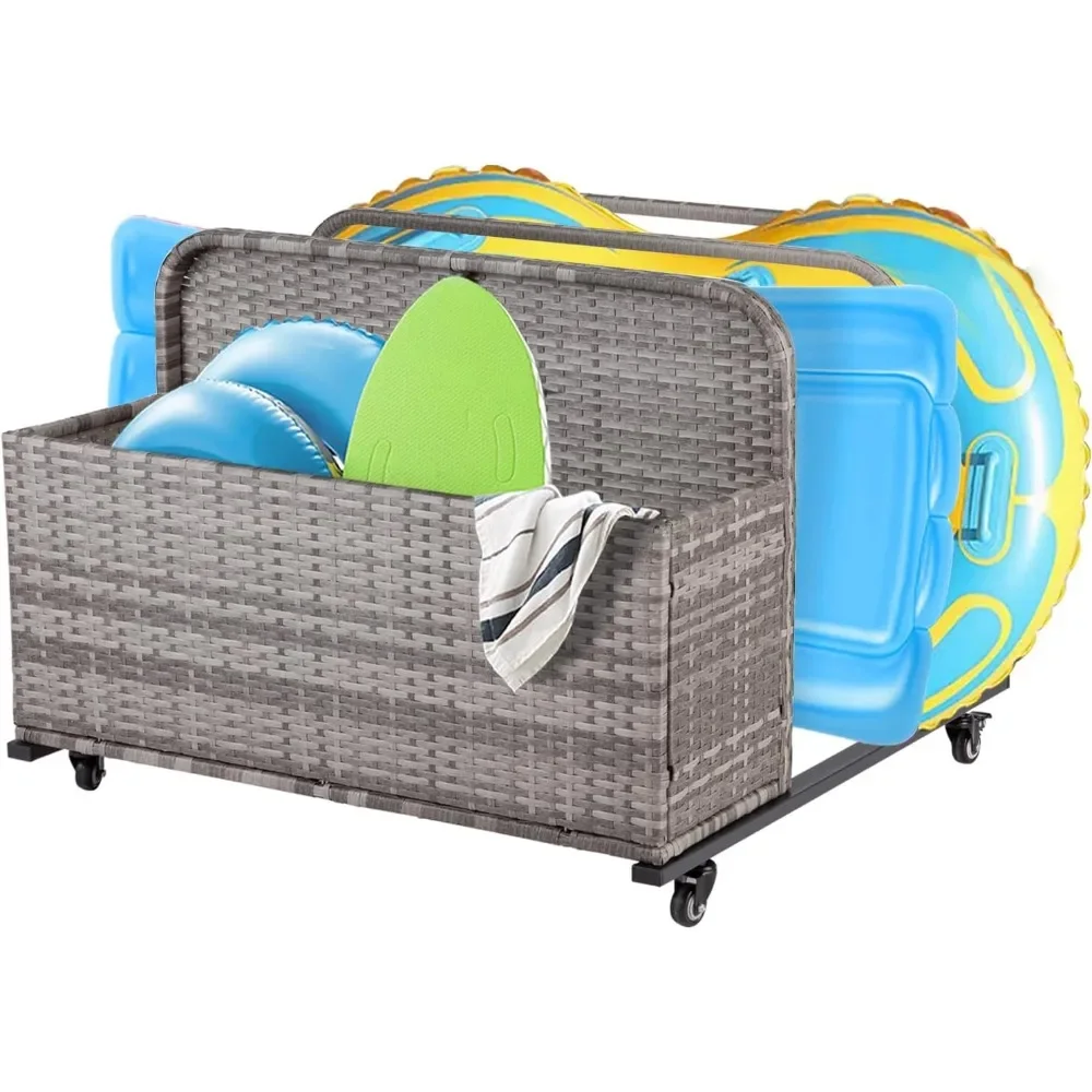 Poolside Float Storage Organizer, Outdoor Rattan Caddy with Wheels & Basket Organizer for Patio, Garden-Sturdy & Movable