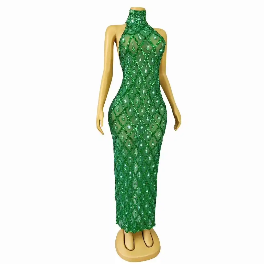 Birthday Green Dresses for Women Luxury Evening Sleeveless Glitter Sequined Celebrity Gowns Night Party Long Dress Shaokaijia