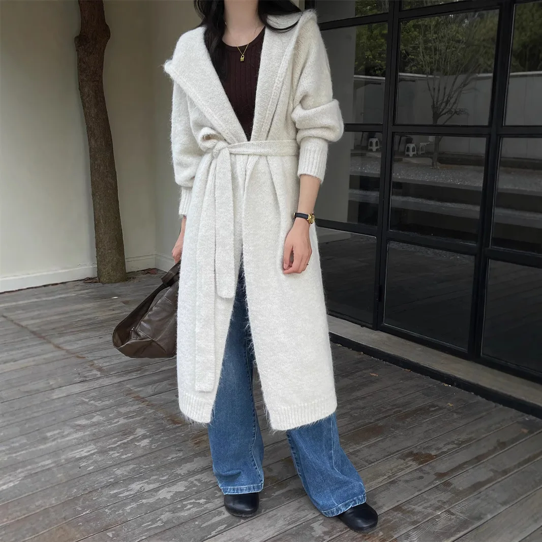 

Женский кардиган с капюшоном, свитер, длинные пальто, вязаные куртки на шнуровке, вязаная верхняя одежда, винтажный трикотаж, офисная женская осень-зима