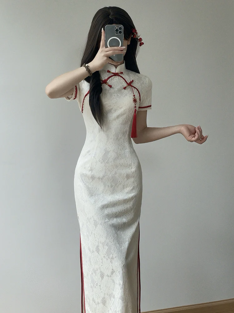 

Новое китайское платье для молодой невесты: повседневное, элегантное, высококачественное, летнее, с низким разрезом, коротким рукавом, однотонное, в стиле флагманских моделей.