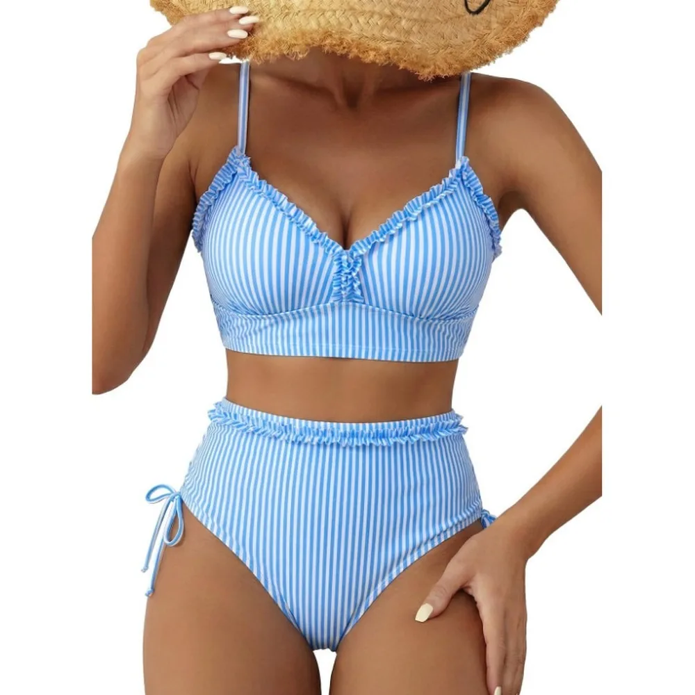 Women's Tie Side Bikini Set With Ruched Detail & High Waist Swimwear, Push Up Padded Bathing Suit, Summer Beach Vacation Tankini