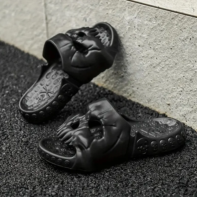 Men's Skull Slides, Casual Non Slip Slippers, Open Toe Shoes For Indoor Outdoor Beach Shower, Spring And Summer