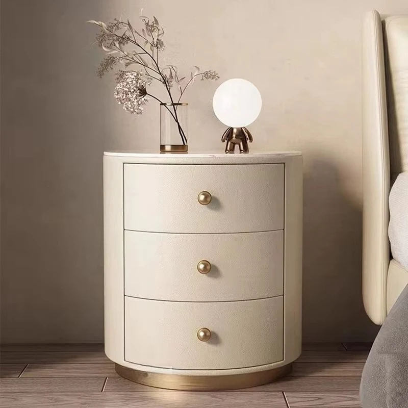 Simple wooden bedroom multi-functional three-drawer round bedside table