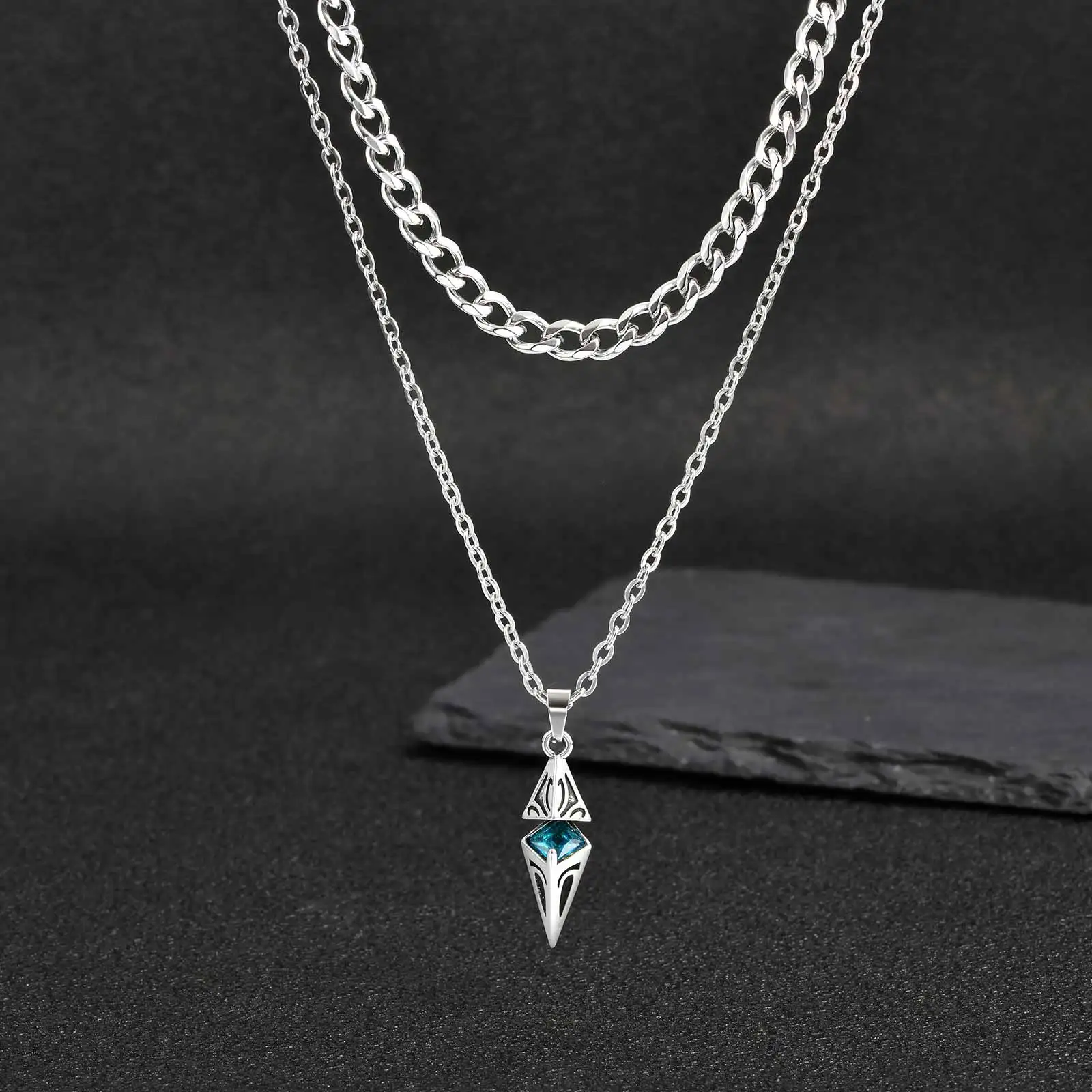 Blue Stone Geometry Layering Necklaces for Men,Hip Hop Stainless Steel Chain Neacklace,Valentine's Birthday Party Gift