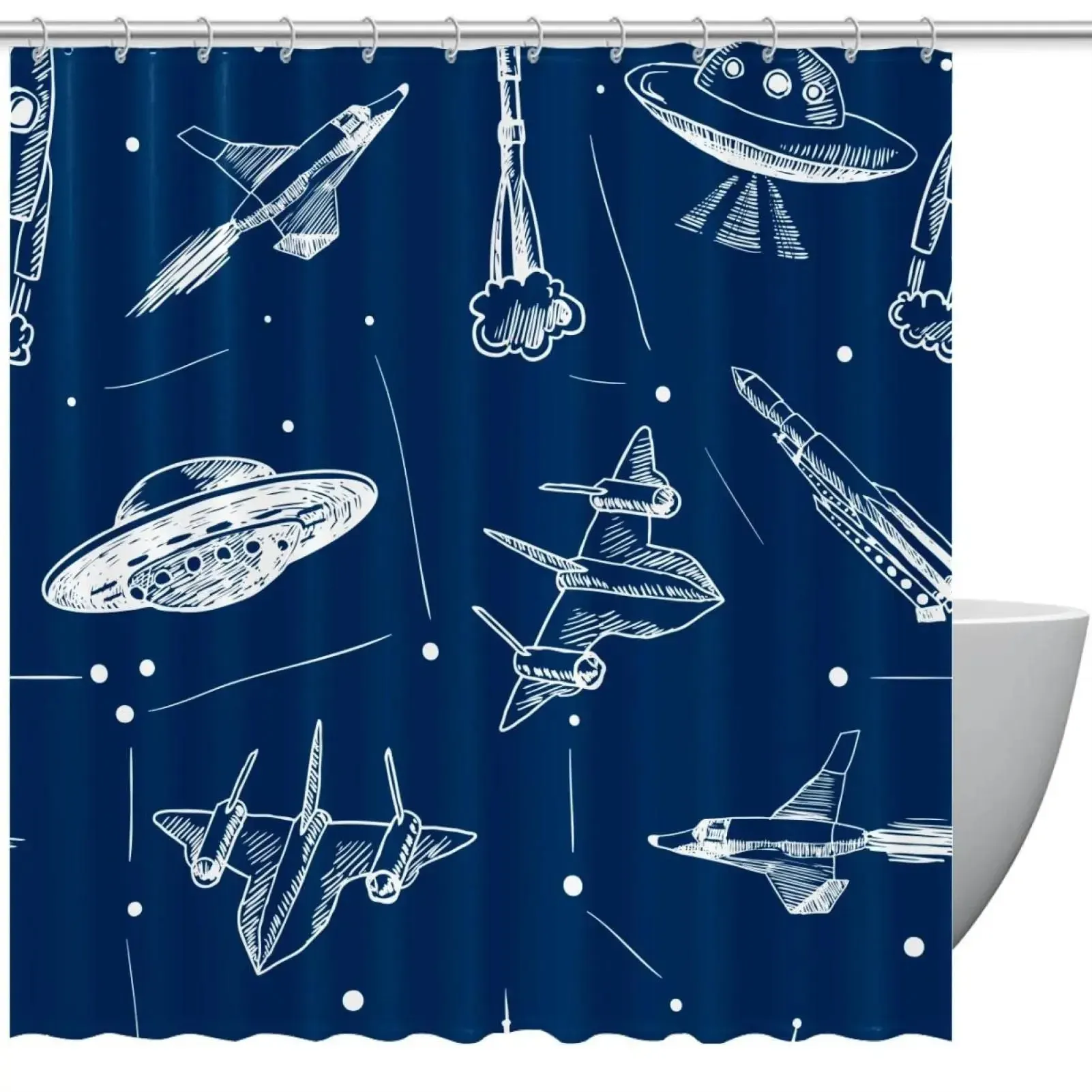 Space Rocket Shower Curtain Outer Space Explore Galaxy Waterproof Polyester Fabric Shower Curtain Bathroom Screen with Hooks