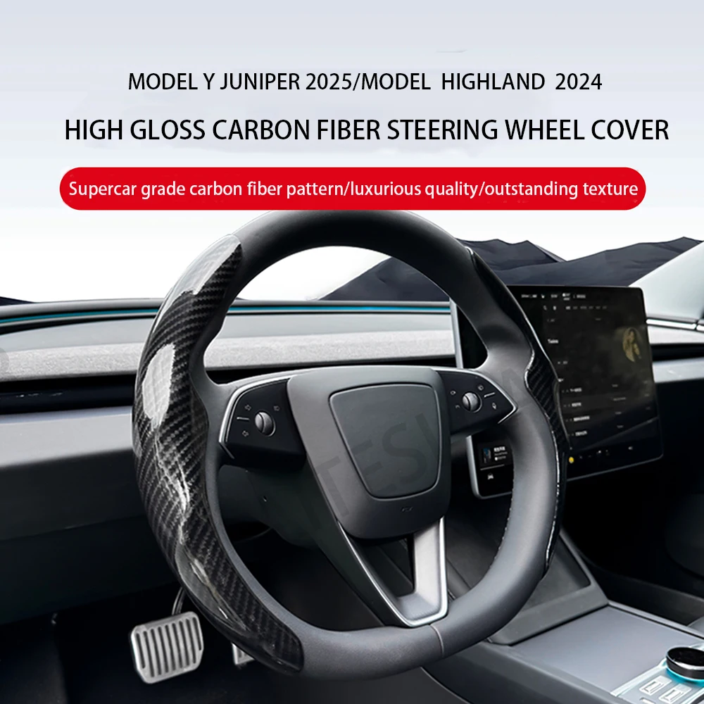 ل تسلا نموذج 3/Y هايلاند جونيبر2025 غطاء عجلة القيادة ألياف الكربون الجلود المضادة للفراء الرياضة عجلة القيادة اكسسوارات السيارات