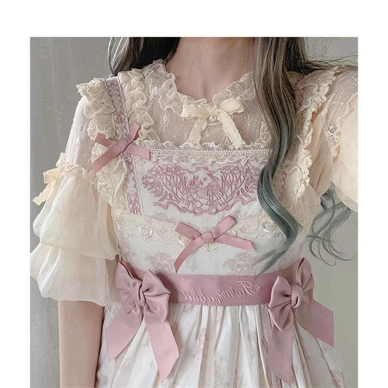 Kawaii Lolita Fashion Underwear Blouse For Woman Clothes Victorian Lace Puff Sleeve Chiffon Shirt Ruffles Sweet Girl Inside Tops