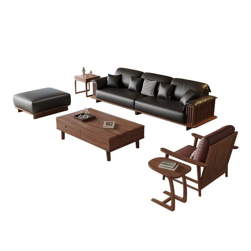 

North American black beard, solid wood home sofa, straight row leather sofa