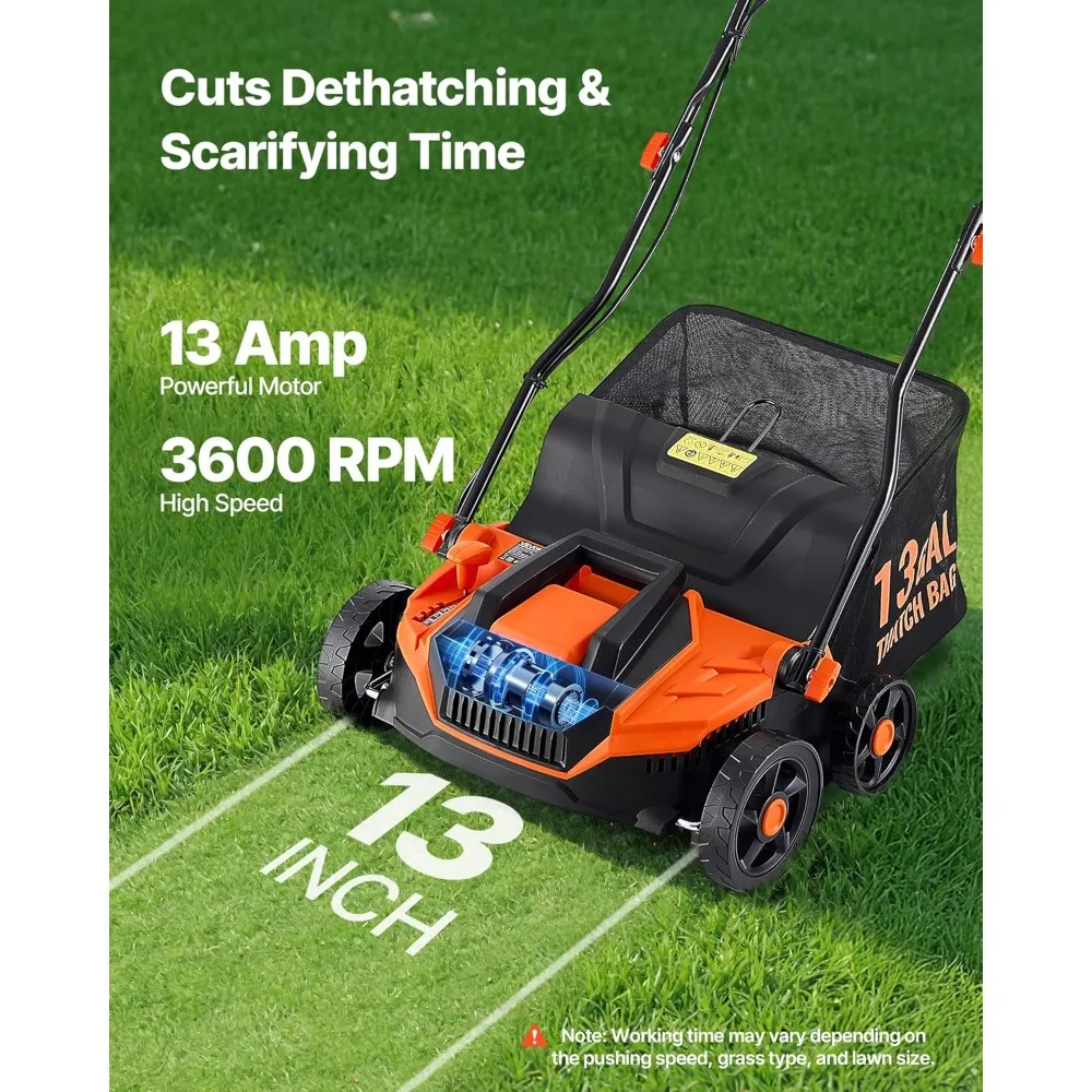 13-Inch 2-in-1 Electric Dethatcher and Scarifier,  Corded Lawn w/13-Gallon Thatch Collection Bag, 5-Position Depth Adjustment