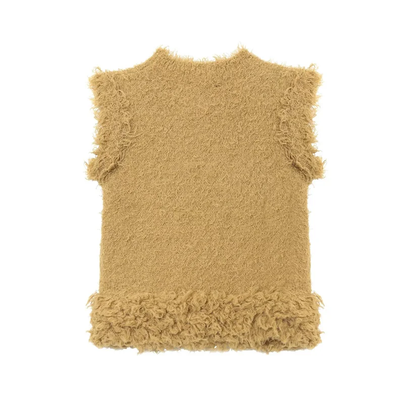 2025 top feminino outono novo estilo camelo sem mangas efeito de pele sintética pulôver de malha top casual moda personalidade