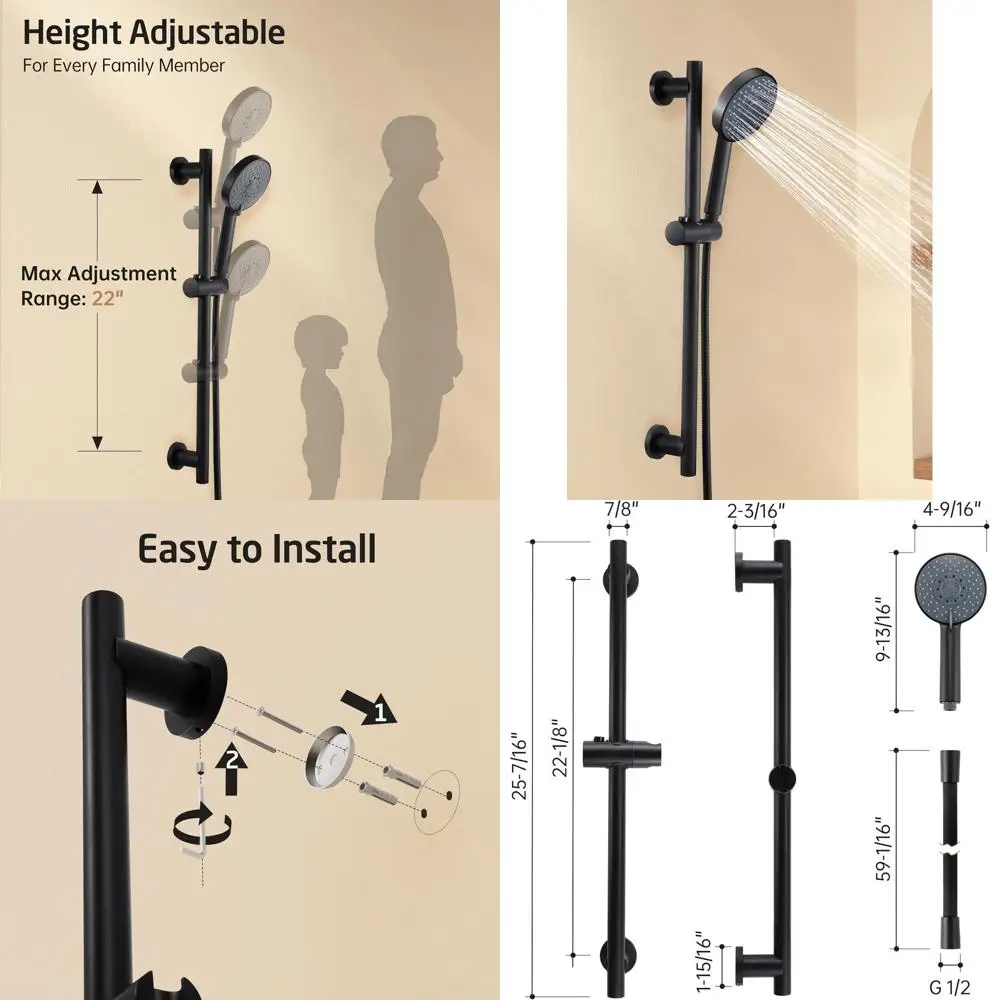 

5-Function Matte Black Handheld Shower Head with Slide Bar Combo and Hose Kit