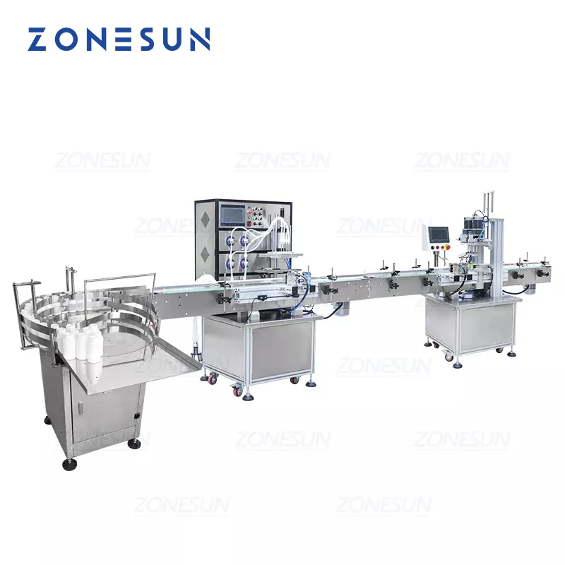 ZONESUN Production Line for Juice Milk Small Automatic Bottle Alcohol Hydrogen Peroxide Liquid Turntable Capping Filling Machine