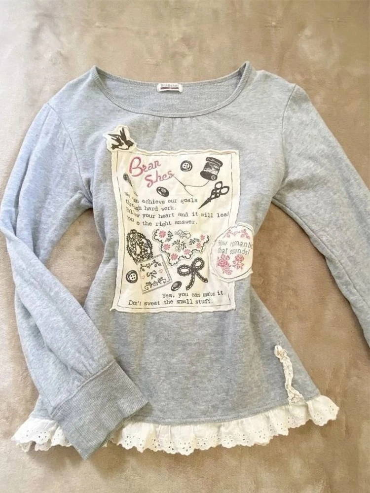 

Deeptown Vintage Sweet T-shirts Women Y2k Kawaii Gray Harajuku Long Sleeve Tops Casual Japanese Style Cutecote Patchwork T-shirt
