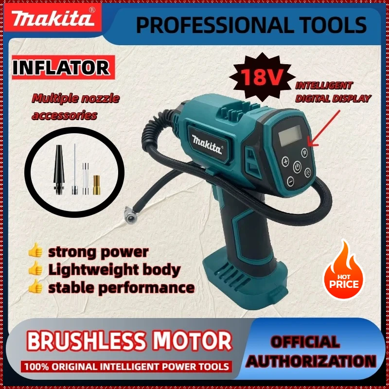 

Автомобильный компрессор Makita, автоматический беспроводной насос, электрический воздушный компрессор для шин, портативный компрессор для 18-вольтовых аккумуляторов.