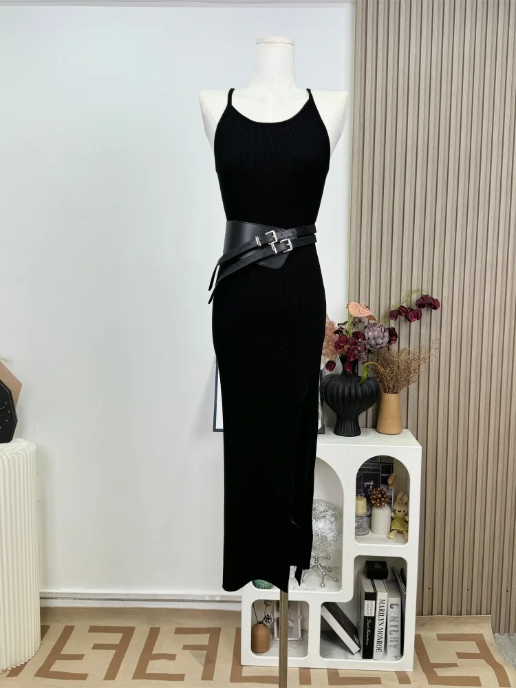 SMTHMA Gestrickte Solide Sexy Spaghetti Strap Sommer Kleid Frauen Casual Party Pullover Kleider Mit Gürtel