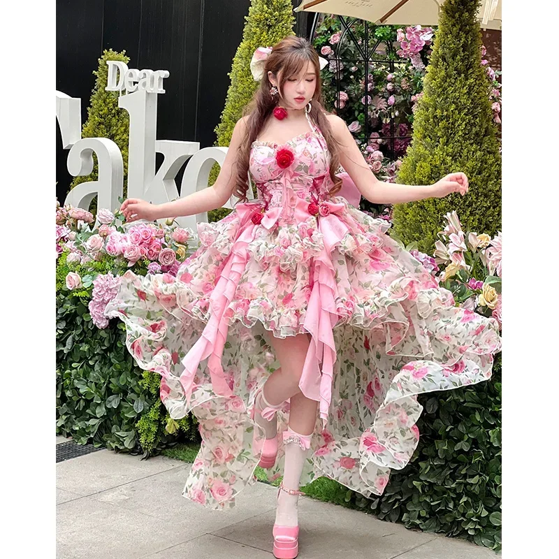 Japanese Harajuku lolita dress women fashion pink flower bow kawaii JSK dresses girls elegant chiffon backless Korean sexy dress