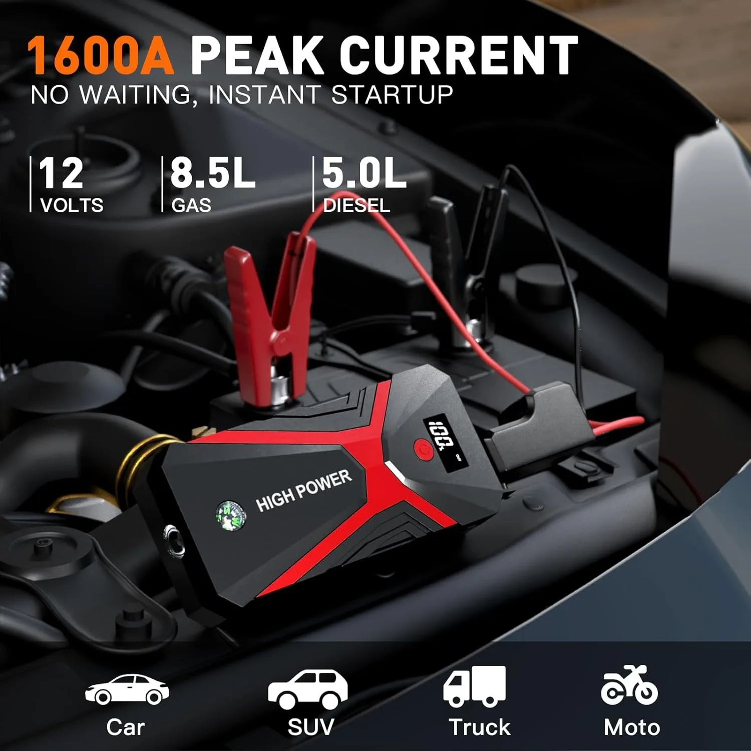 1600A Peak Car Battery Jump Starter 12V Portable Car Jump Starter (8.5L Gas&5.0L Diesel) LED Display Flashlight (FLL-F07)