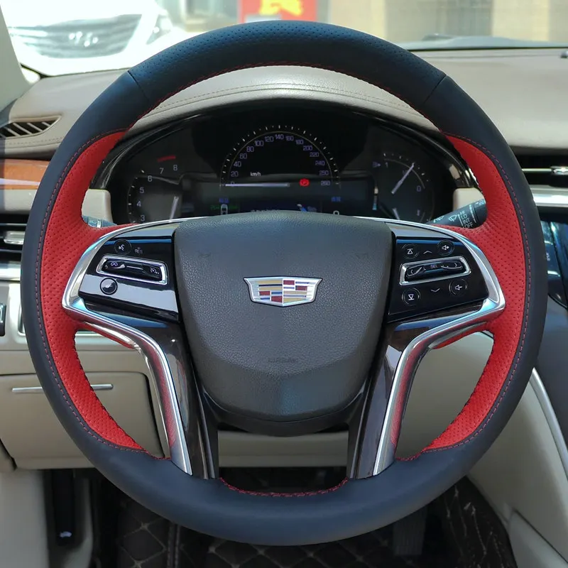 

Сшитый вручную черный, красный чехол на руль автомобиля из натуральной кожи для Cadillac SRX XTS 2013-2017 Escalade 2015-2020