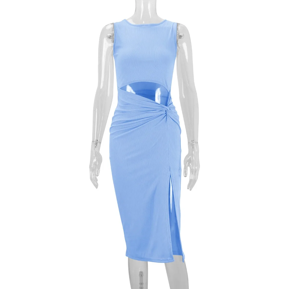 فساتين نسائية صيفية متوسطة الطول كاجوال برقبة دائرية وفتحة جانبية بدون أكمام متماسكة وفتحة علوية فستان كوكتيل أحمر