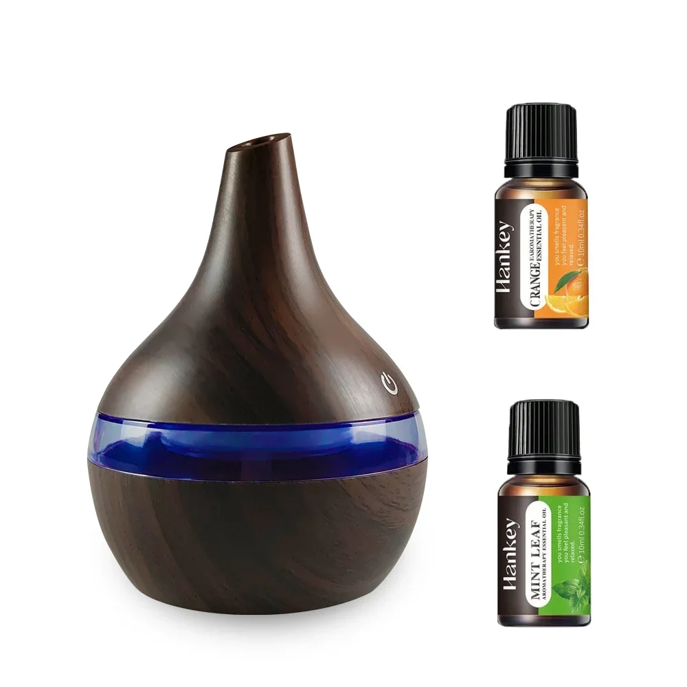 300ml Wood Grain Air Humidifier & Essential Oil Diffuser with 2 Oils, Cool Mist Aromatherapy Machine, USB-Powered Aroma Diffuser
