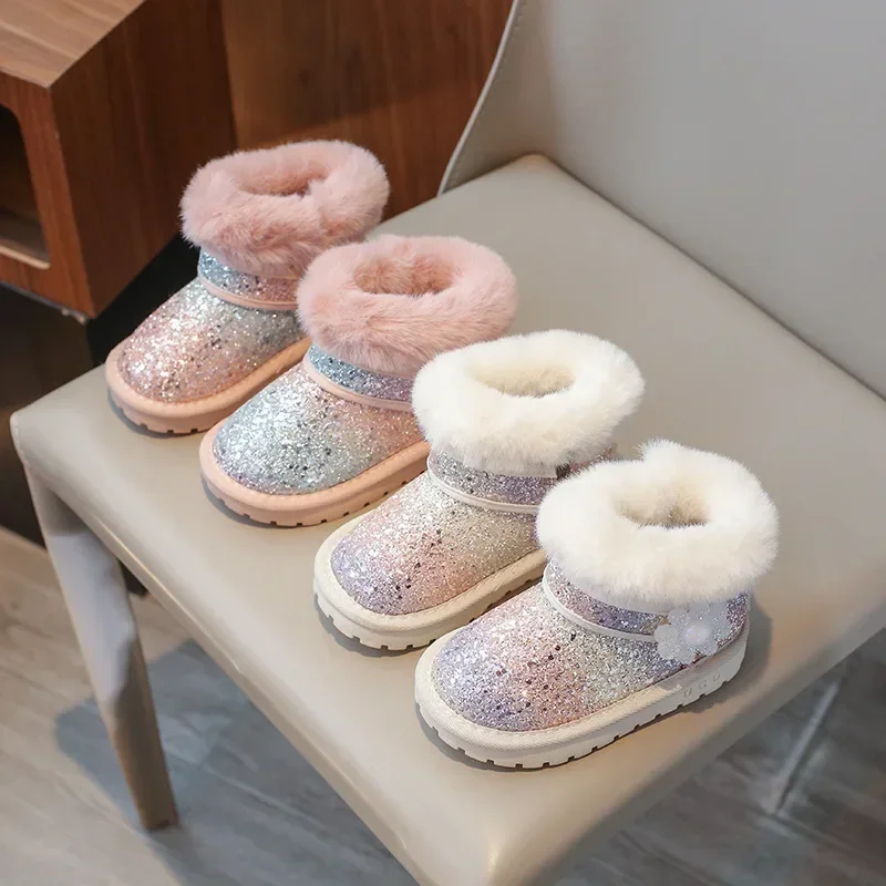 Fur Snow Boots Winter Warm Soft Plush Booties Girls Classic Soft Sole Non-slip Brand Design Slip-on Waterproof Furry Botas