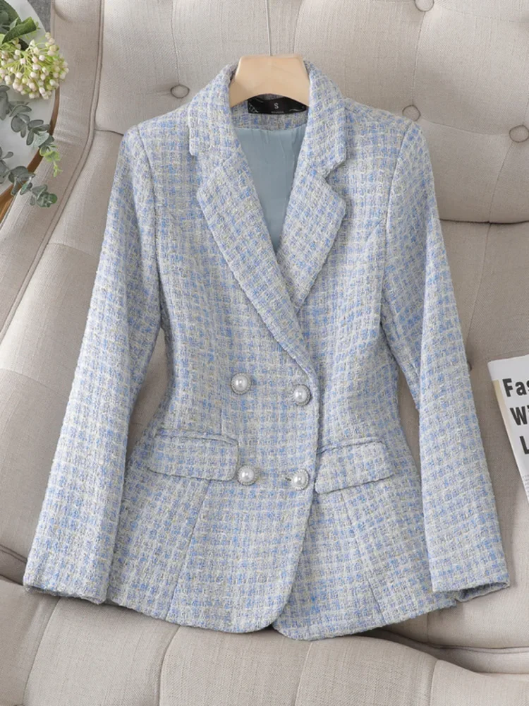 High Quality Korean Fashion Tweed Blazer Jacket Coat Women Long Sleeve French Slim Woolen Suit Outwear Autumn Winter Casaco