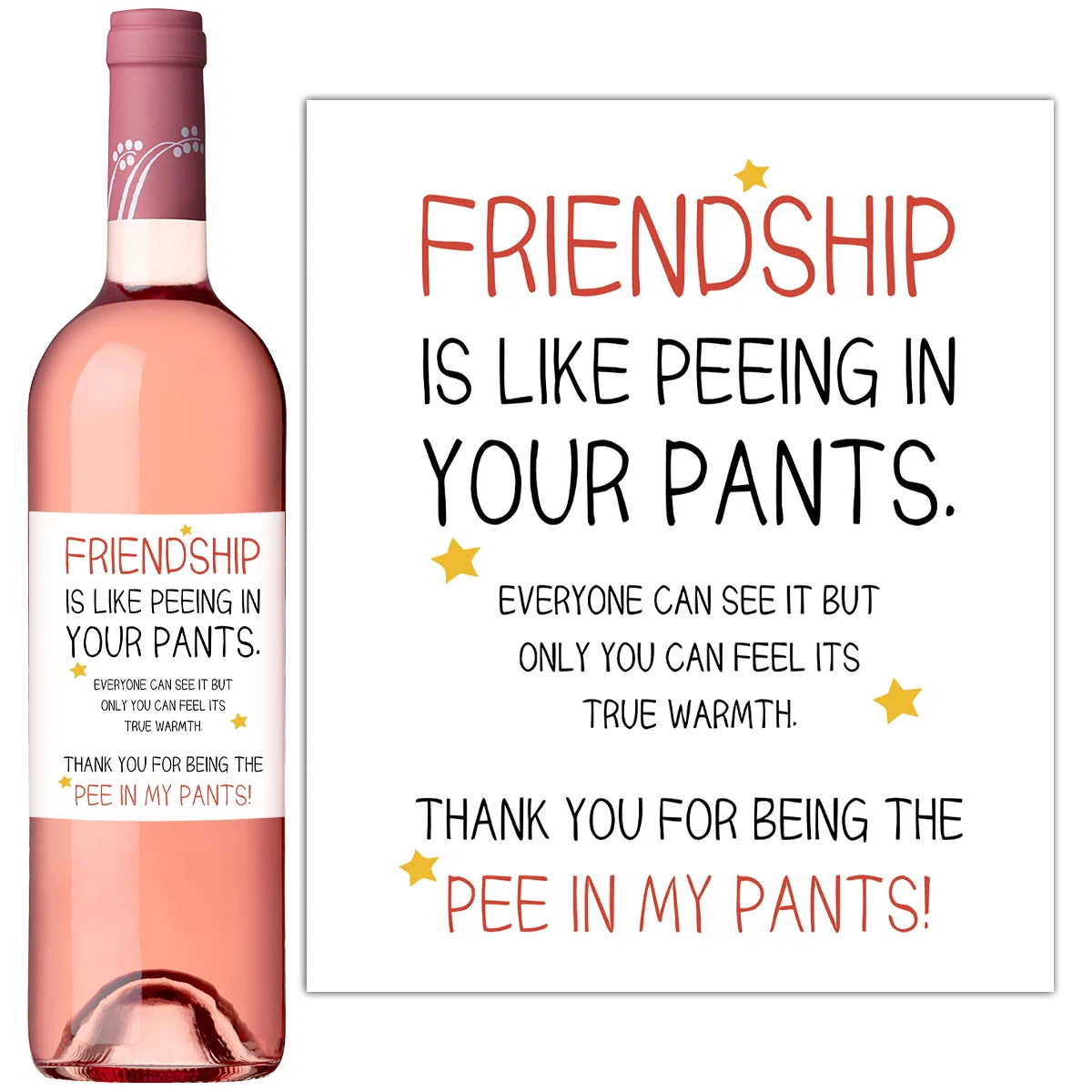 4PCS Funny Best Friend Wine Bottle Labels,Friendship Is Like Peeing In Your Pants,Humorous Friend Gift Wine Bottle Stickers