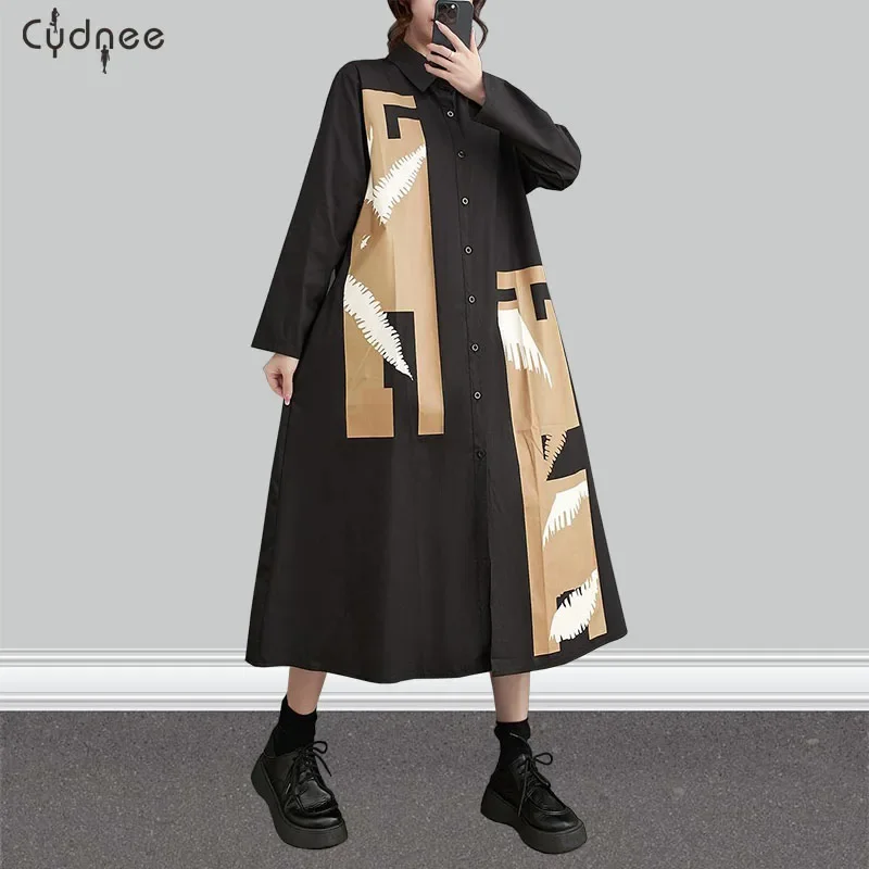 Korean Style Large Size Women's Loose Long Sleeve Shirt Dress Button-Front T-Shirt Dress