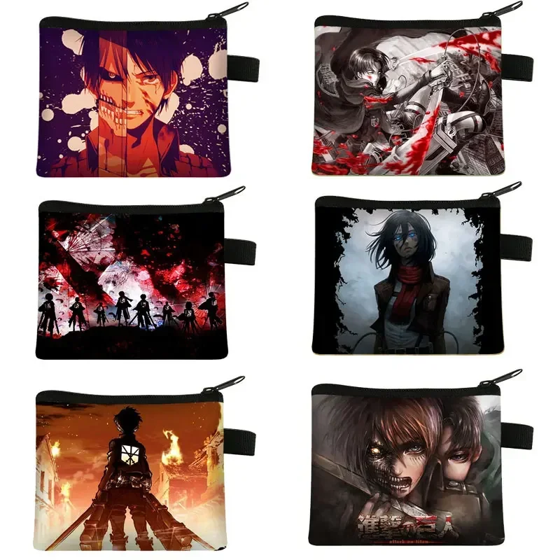 Anime japonês ataque em titã moedas bolsas casual zíper carteira levi mikasa eren crianças mini batom chaves titular saco presente