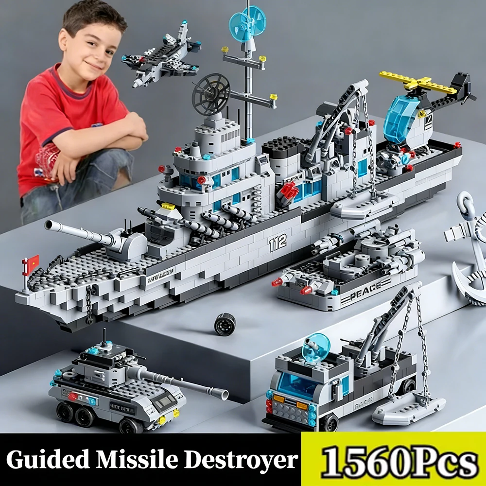 거대한 1560PCS 해군 전함 군함 모델, 6-in-1 다중 형태 조합 블록, 소년용 장난감 세트
