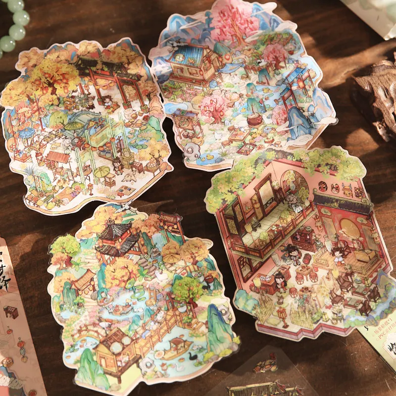 Card Lover 3 Pcs [Landscape Retro Series] Vintage Journal Stickers Waterproof Sticker Paper Scrapbooking Material Scrapbook Kit