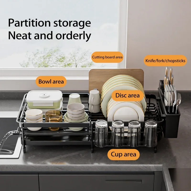 Escurridor de platos retráctil, organización de almacenamiento de cocina, estante para fregadero con bandeja, plato, tazón, taza, utensilios de cocina, escurridor de vajilla