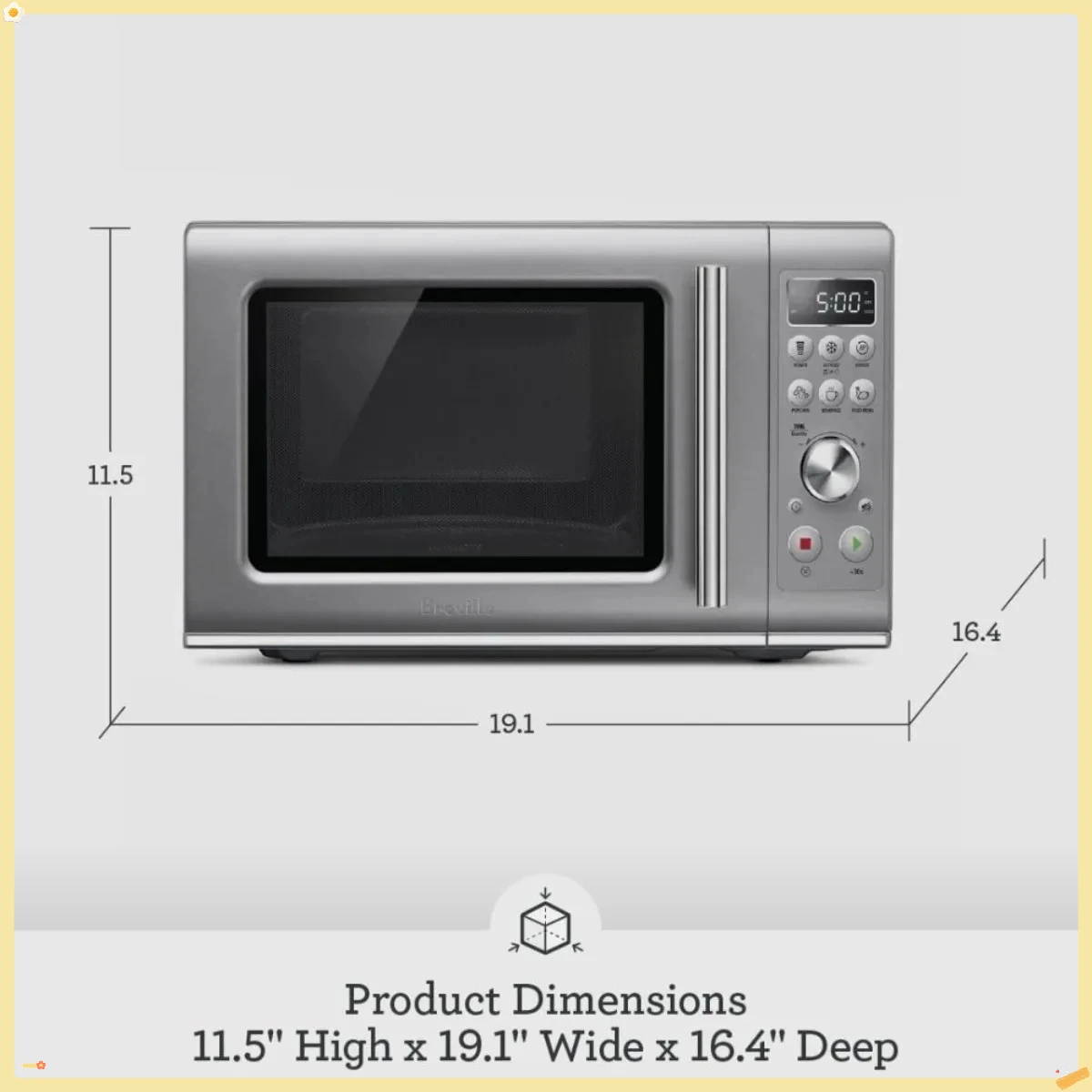 コンパクトな波型電子レンジ、ソフトクローズ機能付き、シルバーのデザインで、小さなキッチンに最適です。